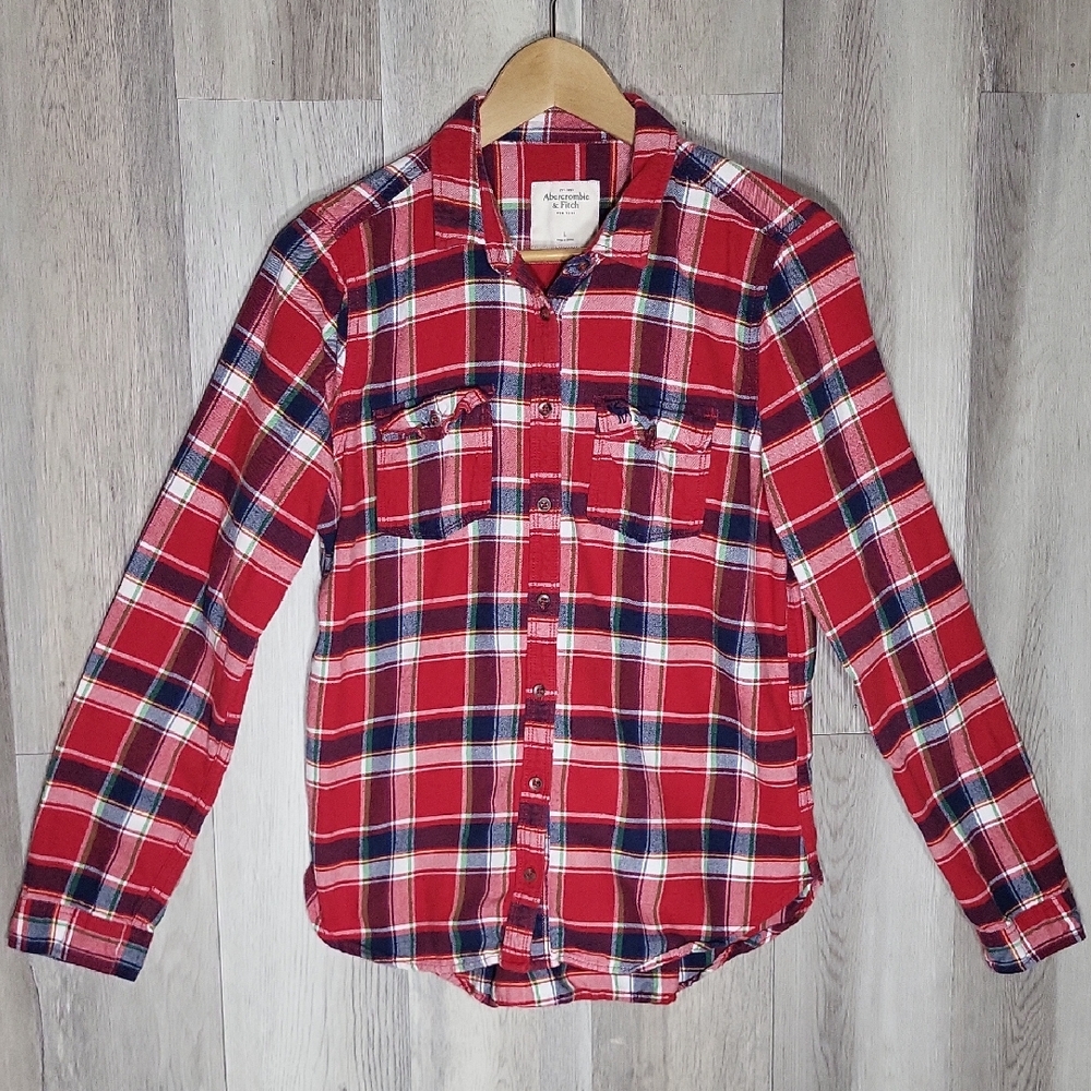 Abercrombie & Fitch Womens Large Button Front Top Plaid Cotton Embroidered Moose